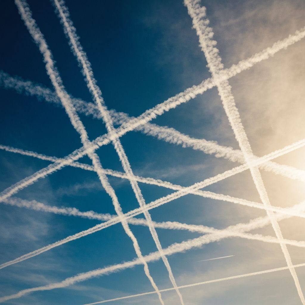 Chemical trails visible across the sky
