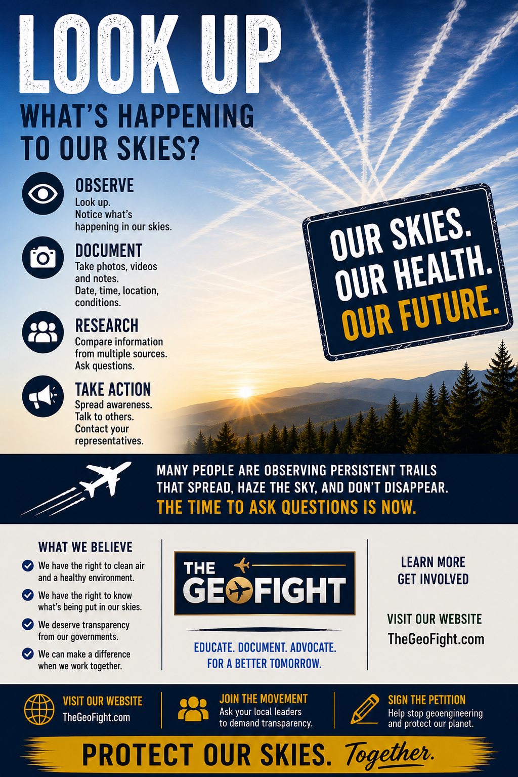 Look Up poster: Observe, document, research, and take action. Our skies, our health, our future. TheGeoFight.com